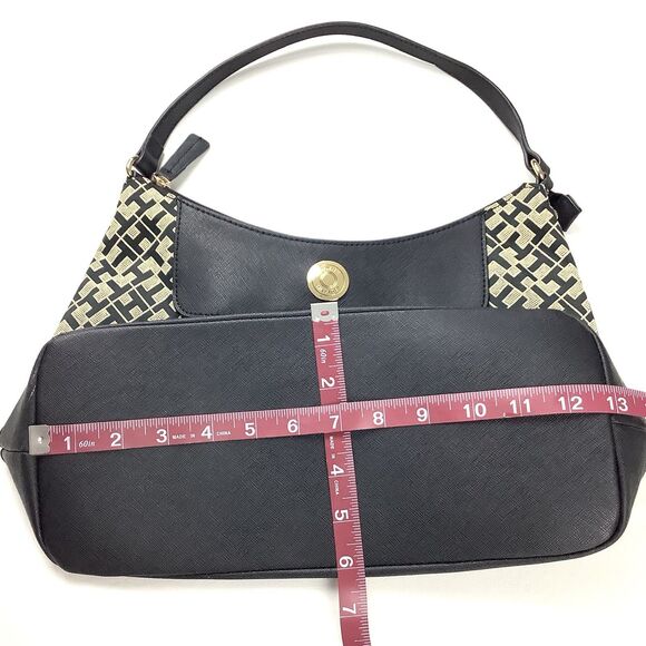 Tommy Hilfiger Monogram Canvas Shoulder Bag Hobo Handbag Purse Black Tan Logo - Picture 7 of 12